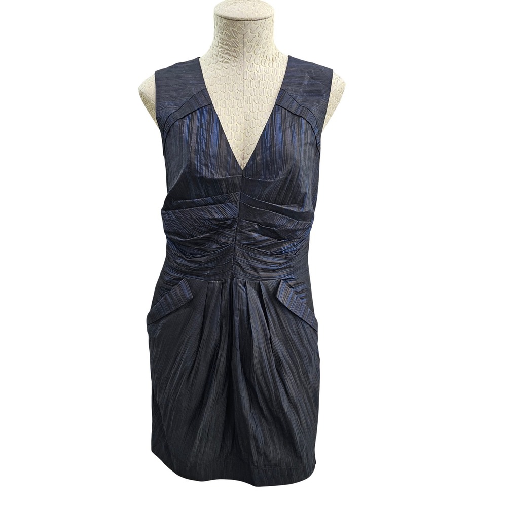 Cue Ruched V-Neck Dress Womens 12 Blue Black Textured Pockets Australian Made